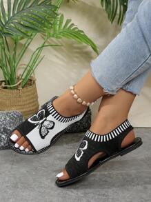 2025 New Women Plus Size Peep-Toe Roman Style Sandals, Net Fabric Knitted Embroidered Flat Sandals With Butterfly Embroidery, Fashion