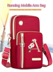 Women's Phone Pouch, Red Mini Crossbody Bag With Gold Floral & Alphabet A-Y Pattern Women's Vertical Coin Purse Sports Arm Sleeve/Running Wrist Pouch Mini Casual Crossbody Phone Bag With Earphone Hole Fashionable For White-Collar, Suitable For University, Work, Business, Commute, Office, Anniversary, Valentine's Day, Birthday, Mother's Day, Teacher's Day, Etc. - Red - View 5