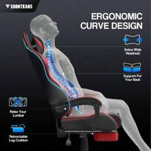 Gaming Chair With Massage, High Back Computer Gamer Chair For Adults And Kids, Ergonomic Game Chair With Adjustable Headrest And Lumbar Support (Blue) - 紅色[帶腳凳] - 查看 7