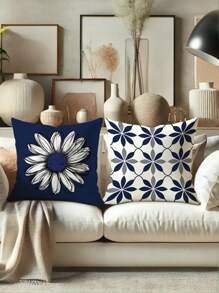 4 件套现代几何花卉图案抱枕套 - 柔软天鹅绒材质，蓝白配色，17.7 x 17.7 英寸，拉链设计，适用于客厅和卧室装饰 - 不含枕芯，秋季装饰，房间装饰 - 藏蓝色 - 查看 6