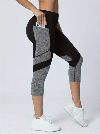 Pantalones de yoga de cintura alta con bloques de color y bolsillos para mujer, mallas capri con control de abdomen para entrenamiento, mallas capri para mujer
