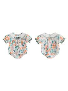 Baby Girl Summer Romper Short Sleeve Round Neck Floral Print Smocked Bodysuit Newborn Playsuit - Green - View 5