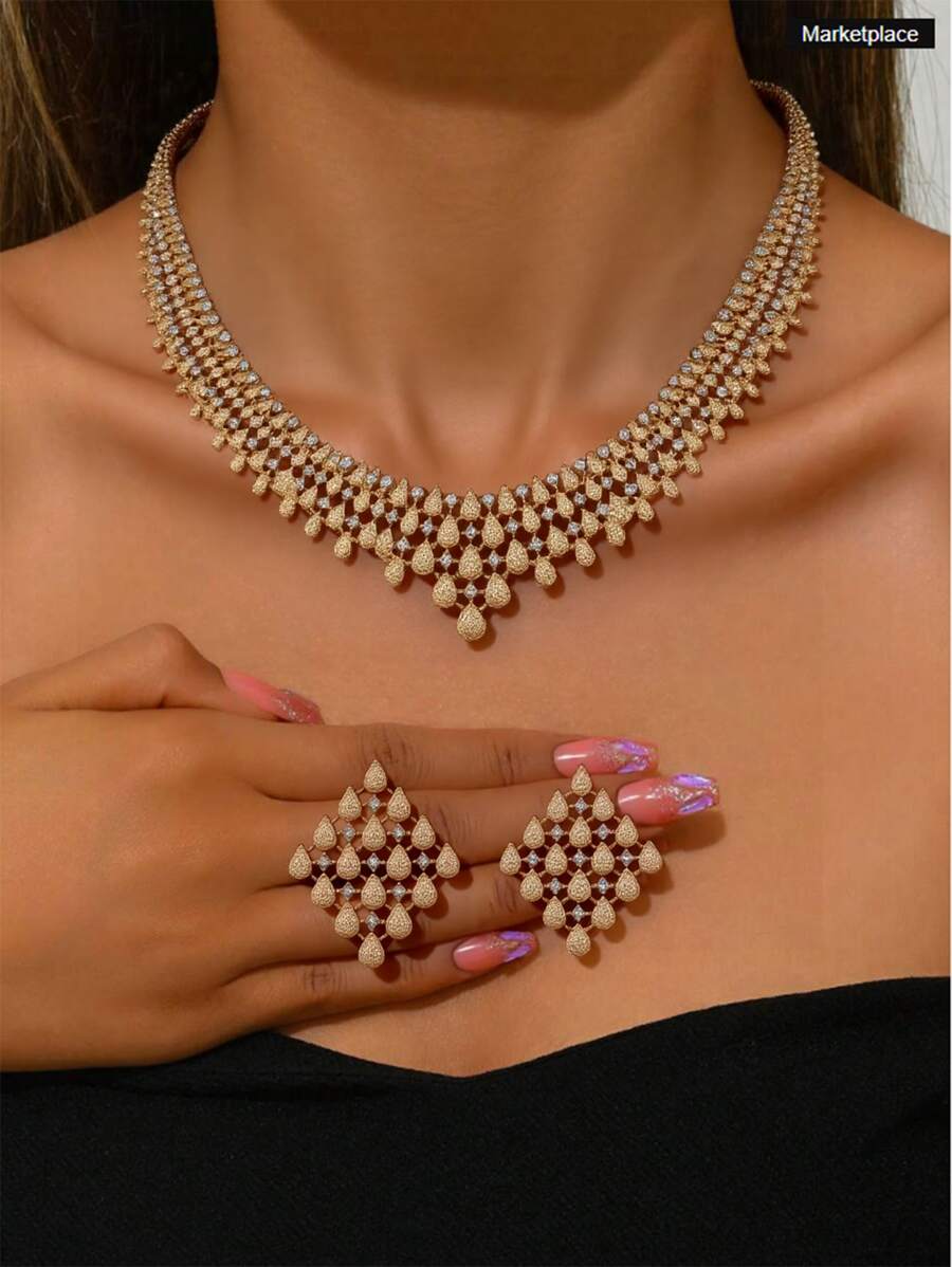 3 Pieces Set Gold Hollow Rhinestone Jewelry Set For Party Wedding, Necklace & Earrings Jewelry Gift