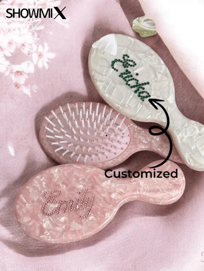 Personalized Acetate Hair Comb With Handset Diamonds, Cute & Elegant Air Cushioned Compact Pocket Comb, Multi-Functional, Ornamental, Letter, Solid Color, Exquisite, Stylish, Vintage, Modern, Colorful, Leisure, Basics, Casual, Soft, Unique, Customized, Personalized, Custom, Ideal Gifts For Her, Girlfriend, Her, Grandparents