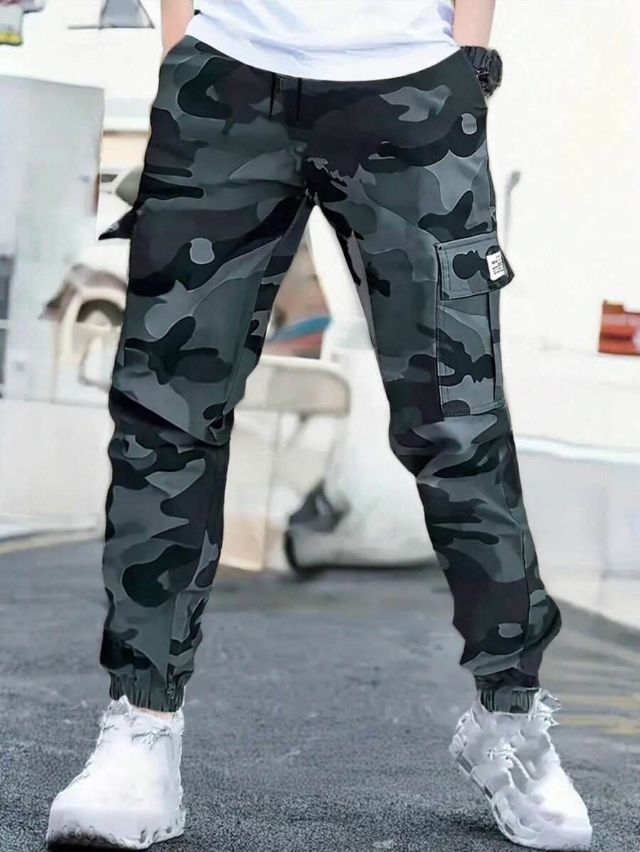 Men's Camouflage Pants, Outdoor Lightweight Drawstring Waist Cargo Pants With Multiple Pockets - Dark Grey - View 1