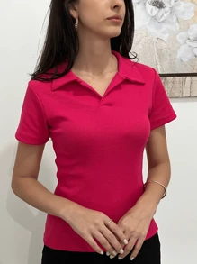 Women's Casual Elegant Polo Neck Shirt BlouseCasualElegantCuteCottonOffice - 玫紅色 - 查看 3