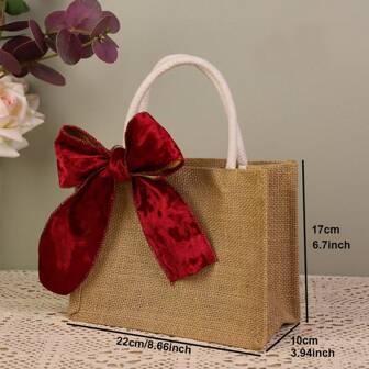 1pc Burlap Tote Bag With Ribbon Reusable Jute Gift Handbags For Wedding, Bridesmaid, Grocery Shopping, Women And Birthday Party
