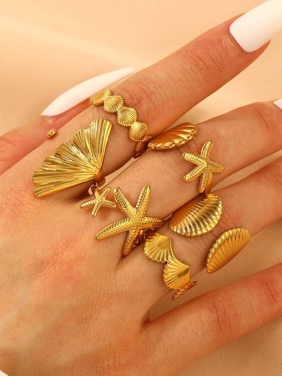 Juego de 6 anillos con diseño de acero inoxidable de la serie oceánica con estrellas de mar, coral y conchas, un diseño versátil y creativo para que las mujeres los usen a diario, adecuado para el verano