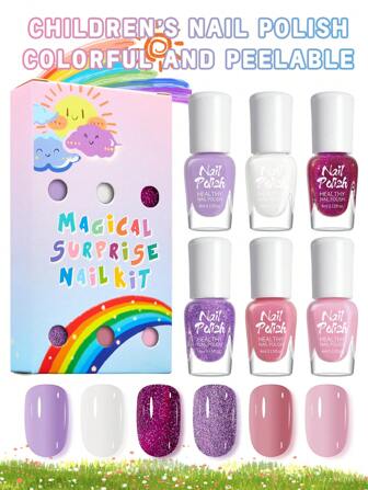 6 件/套 4 毫升儿童趣味指甲油套装，涂鸦彩色指甲油水性凝胶抛光底漆和面漆多色组合，带明亮闪光，黄紫绿粉色马卡龙闪光，适合儿童、季节、美甲沙龙、DIY、节日、派对、生日、礼物