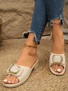 1 Pair Fashion Minimalist Elegant High Heel Summer Slide-On Sandals For Girl & Teens, Thick Sole Design, Suitable For Outdoor Activities, Commuting, Parties And Beach - Apricot - View 1