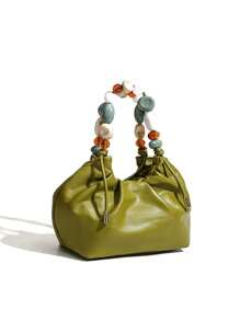 1 件新款简约纯色珍珠手提包，中国风单肩包/斜挎包，小众设计手提包，时尚百搭优雅串珠链条褶皱包 - 綠色 - 查看 6