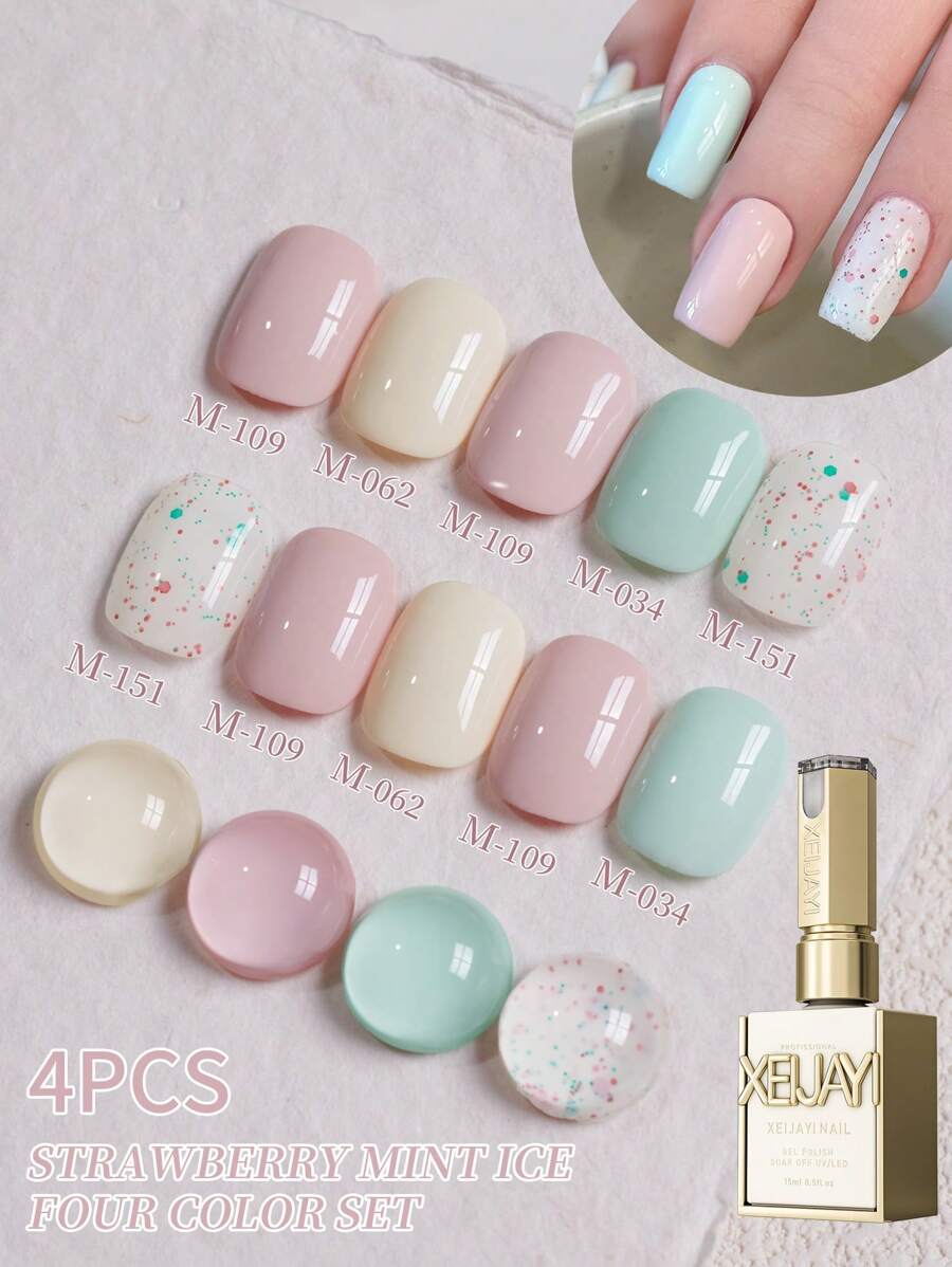 XEIJAYI 4 Colors 15ml New Popular Mint Green Pink Nail Gel Polish Semi Permanent Nail Art Soaking UV LED Nail Salon DIY Nail Salon Gel For Spring And Summer - 彩色 - 查看 1