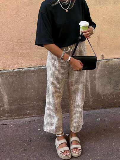 Women's Summer Casual Long Pants Plaid Drawstring High Waist Straight Leg Trousers