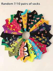 7/10 Pairs Women Fashion Personalized Comfortable Fruit Printed Invisible Boat Socks, Suitable For Casual Daily Wear