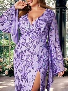 Plus Size Women's Printed High Slit Party Dress - Purple - View 6