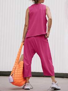 Women's Summer 2 Piece Outfits Sleeveless Tank Tops And Wide Leg Pocketed Pants Workout Sweat Sets - Màu Hồng Tươi - Xem 4