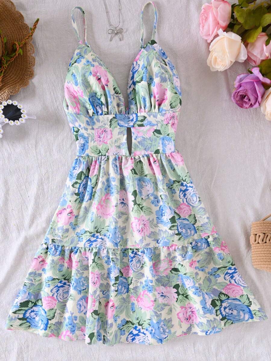 Women's Floral Printed Spaghetti Strap Backless Vacation Dress, Spring/Summer - Green - View 1