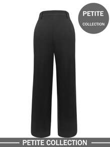 Women's Petite Solid Color Front Button Casual Slim Straight Leg Pants Trousers, Elegant For Commuting - Black - View 3