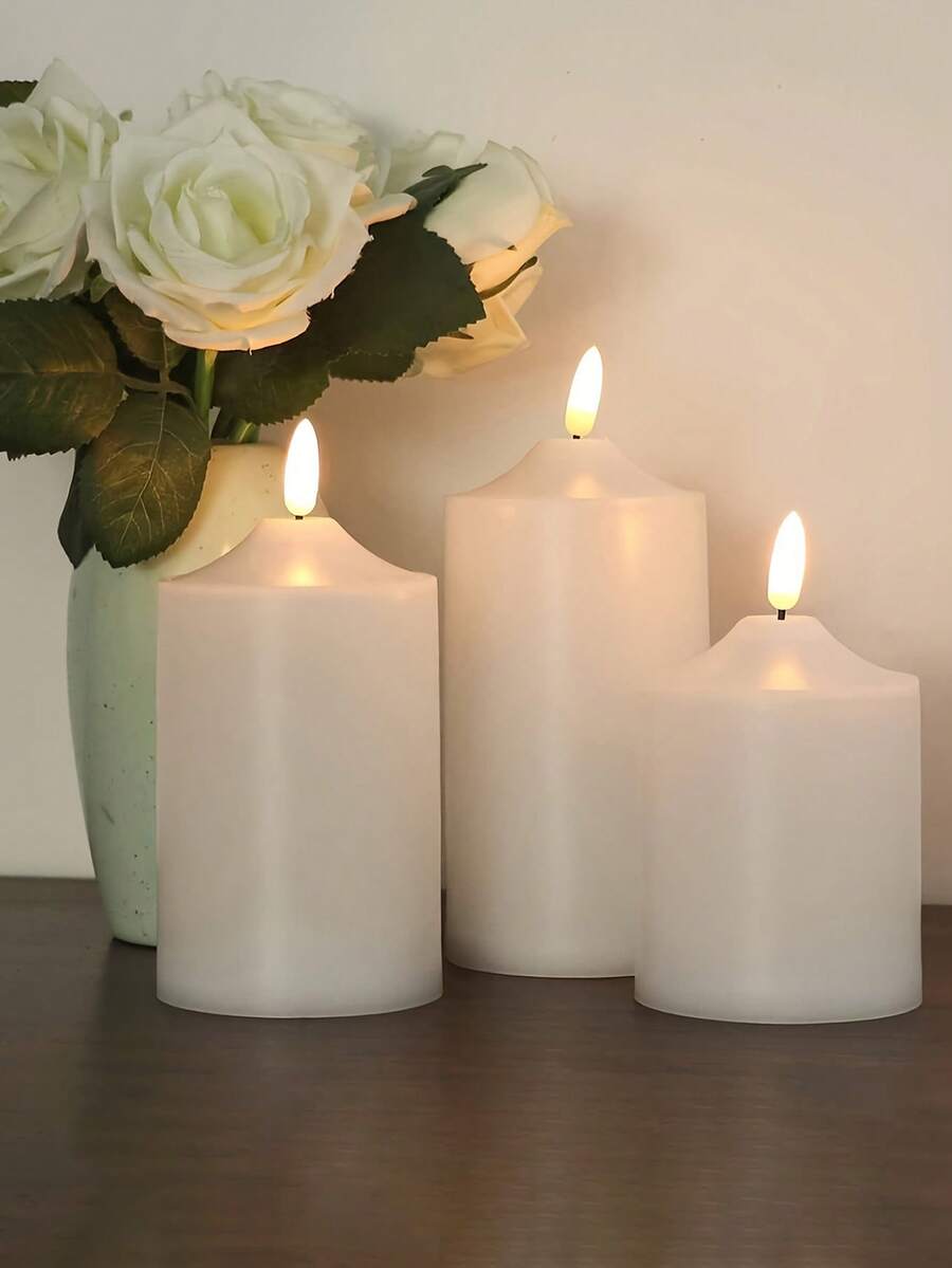 1 Unidade/3 Pacotes Luzes de Vela LED 3D Cintilantes Decoração de Casa de Natal Velas LED de Luz Quente Cilíndricas de Plástico (Sem Bateria) Adequadas para Decorações de Casamento e Festa de Aniversário, Iluminação Decorativa Interna/Externa de Ação de Graças, Lembrancinhas de Casamento, Presentes para Convidados