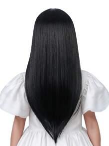 Synthetic Wig Children Girls Natural Long Straight Bangs Hair Heat Resistant Daily Cosplay Full Headgear - Black - View 4