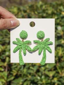 1 Pair Handmade Woven Raffia Coconut Tree Earrings, Bohemian Palm Tree Leaf Design Earrings, Suitable For Women Beach Holiday Party Daily Wear - Green - View 3