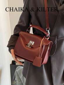 1 件 CHAIKA & KILTER 纯色 PU 皮革手提包，女士时尚手提方形包，带扭锁开合，顶部手柄挎包配有可拆卸可调节肩带，适合日常和街头穿着（随吊坠出售） - 酒紅色 - 查看 5