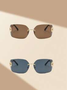2pcs Women Curved One-Piece Frameless Rimless Fashion Glasses, Y2K Retro Chic For Summer Beach Vacation,Outdoor,Travel - Gray+Tea - View 4