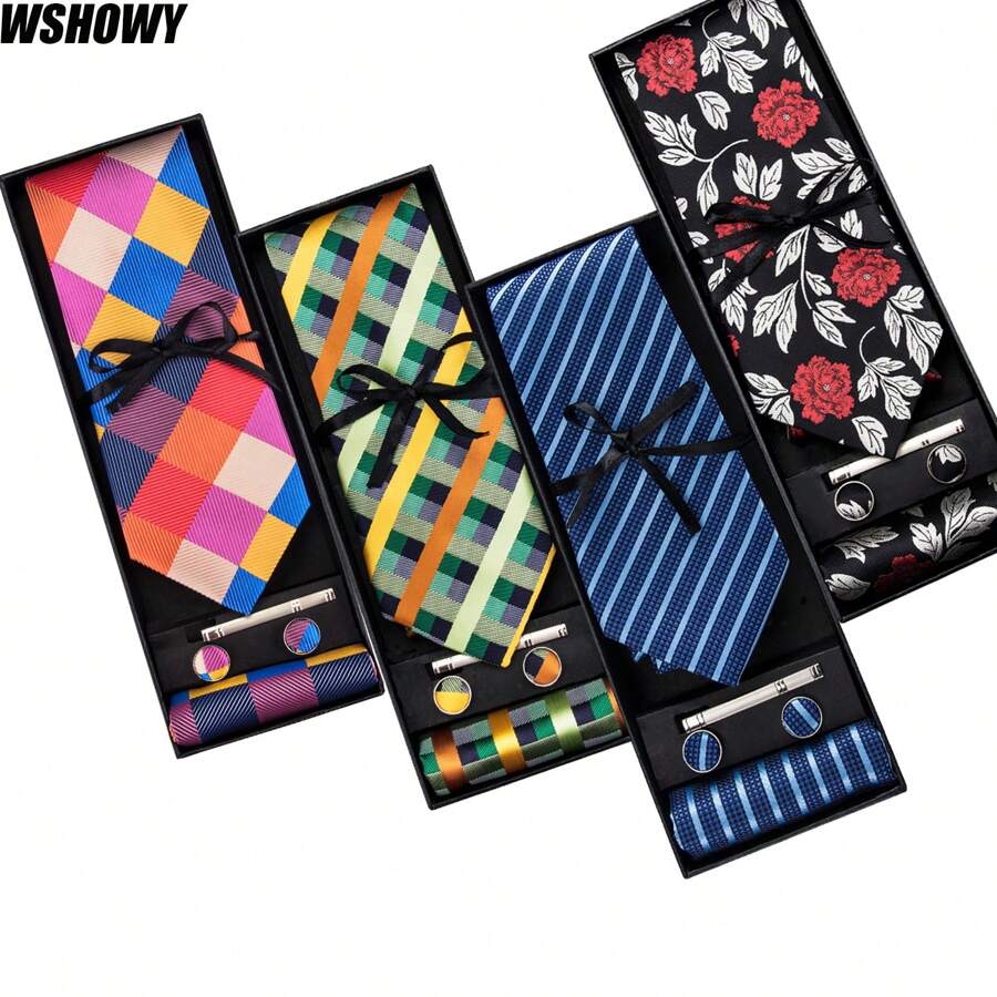 5Pcs/Set Gift Box Men's Necktie Fashion Striped Floral Pattern Tie With Clip Gift Box Set Perfect For Man Wedding Business - Multicolor - View 1