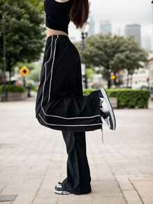 hoteel Drape Bella Style Side Striped Pants Stitching, Loose Casual Elastic Waist Wide Leg Straight Trousers, Women's Clothing - 黑色 - 查看 2