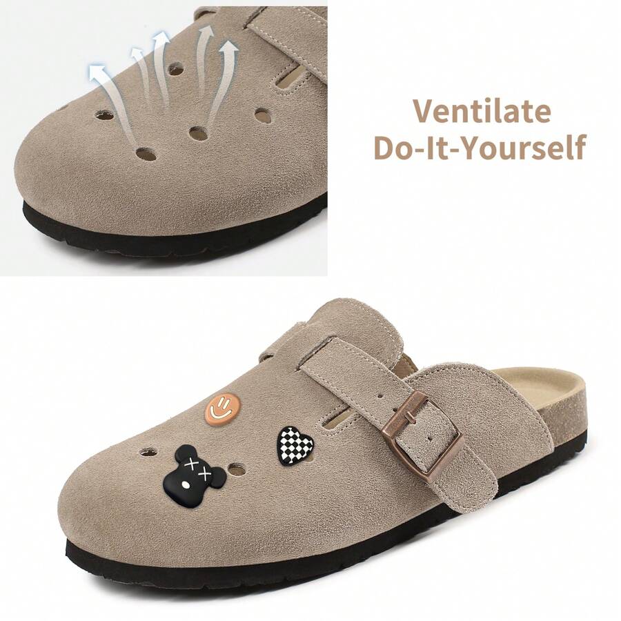 Suede Clogs For Women Men Unisex Slip-On Potato Shoes Footbed Suede Cork Clogs And Mules House Slipers With Arch Support DIY & Breathable - Apricot - View 1