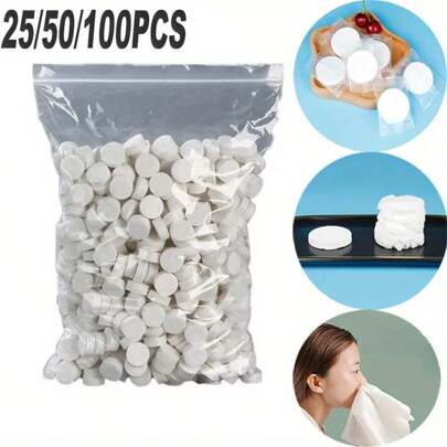 25/50/100 件一次性压缩毛巾，透明包装清洁湿巾，便携式旅行压缩洗脸巾，卸妆湿巾