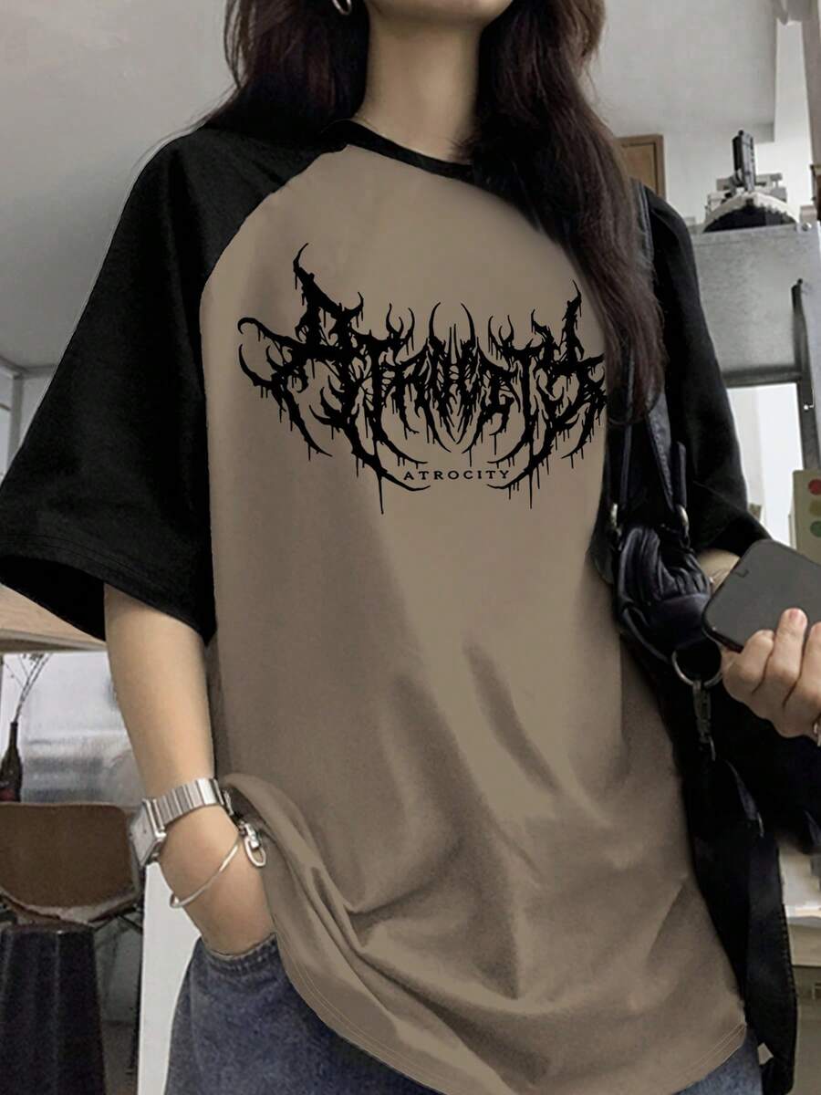 Women's Vintage Punk Rock Gothic Style Colorblock Lightning Graphic Print Round Neck Short Sleeve Pullover T-Shirt - Brown - View 1