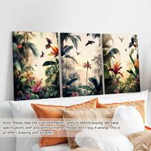 3 pièces/set Peinture de paysage de forêt tropicale imprimée sur canevas enveloppée sans cadre, set de décoration, style de peinture sur canevas moderne et déco art classique pour maison, bureau, salle de bain, salon, chambre, salle à manger - Paysage encré avec motifs de feuillage pour le printemps/été, utilisation intérieure et extérieure, thème art déco, affiches, décoration murale, accessoires de décoration moderne, botanique, animaux