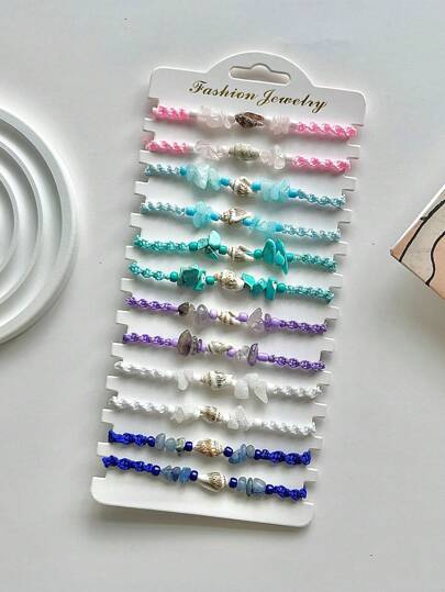 12 件彩色贝壳和鹅卵石编织手链，时尚男女通用海洋风格海滩冲浪手链，适合女性夏季海滩派对假期，很棒的礼物