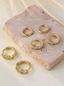 6pcs Fashionable Minimalist Copper Alloy Cubic Zirconia Gold Square Chunky Hoop Earrings Set, Women's Birthday, Holiday, Party Accessories, Match Daily Outfits - Silver - View 10