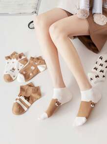 5双装春秋季女士袜子夏季薄款小熊袜子可爱船袜 - 彩色 - 查看 4