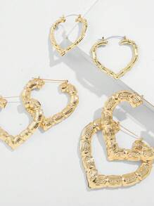 6 Pieces/Set Of Love Earrings Exaggerated Bamboo Heart Stud Earrings, Three Pairs Of Large, Small And Medium - Yellow Gold - View 3