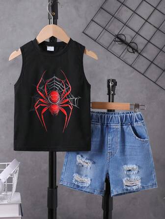 Toddler Boys Cartoon Spider Print Vest With Ripped Loose Denim Shorts Set, Boys Daily Wear Outfit For Spring/Summer
