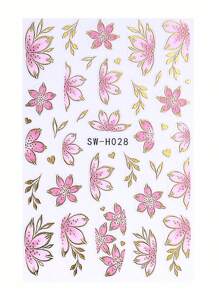 Gold Pink Hibiscus Flower 3D Nail Stickers 2pcs Gradient Cherry Blossom Floral Petals Lines DIY Bronzing Holographic Self-Adhesive Decals Sliders Nail Art Decoration Salon Manicure Nail Supplies