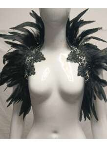 1 Gothic Style Black Feather Shawl With Lace Collar For Women, Cosplay Party Costume Prop, Stage Performance Prop