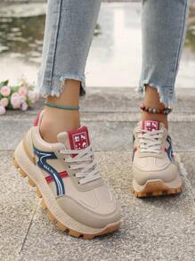 女士系带运动鞋，厚底休闲鞋，时尚百搭轻便舒适运动鞋，适合春秋季穿着 - 卡其色 - 查看 5