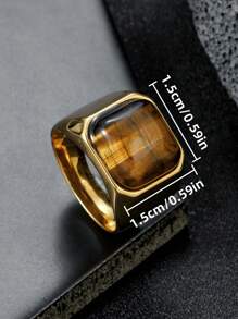 1pc Tiger Eye Stone Ring, Stainless Steel Thick Band Ring, Natural Gemstone, Fashionable & Cool, Suitable For Men & Women, Summer Accessory, Father's Day/Friend's Gift, Couple Ring - Yellow Gold - View 5