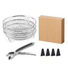 1 套矩形/方形/圆形 304 不锈钢空气炸锅架，多用途不锈钢烤架，水果蔬菜脱水架，烤面包架，蒸架，沥水架，烤箱架脚，隔热垫，适用于空气炸锅、烤箱和微波炉