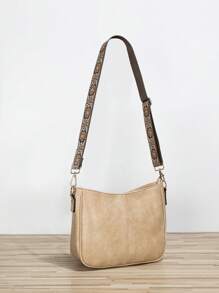 女士复古风格水桶包，带斜挎包，Vagan 皮革流浪包，配有吉他背带，宽刺绣钱包带，适合女士 - 非常适合斜挎包、健身包、手提包等！ - 卡其色 - 查看 5