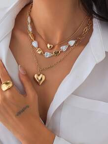 1 Set Baroque Style Heart Tassel Pendant Necklace, Asymmetrical Flat Faux Pearl Necklace Set For Women, Fashionable 3pcs Party Versatile - One Size - View 2