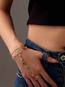 1 pieza Brazalete de mitones con cadena dorada simple, brazalete de mitones con cadena con flor y strass, moda para el verano, la playa y las vacaciones, regalo perfecto para uso diario, cumpleaños y fiestas