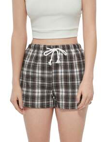 Women's Plaid Shorts Casual Elastic Waist Drawstring Side Split Short Pants For Summer - Orange - View 7