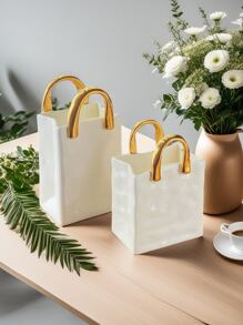 Rinkle Paper Bag Ceramic Makeup Brush Storage Container,Vase,5.7 Inch Square Wide Mouth Pleated Vase, Unique White Matte Vase, Minimalist Boho Vase For Flower Arrangement Table Centerpiece Home Office Bookshelf Decor Suitable For Home Decor, Bedroom Decor, Office And Students, The Best And Christmas Gift,Wintertime Flower Vase Glass Vase