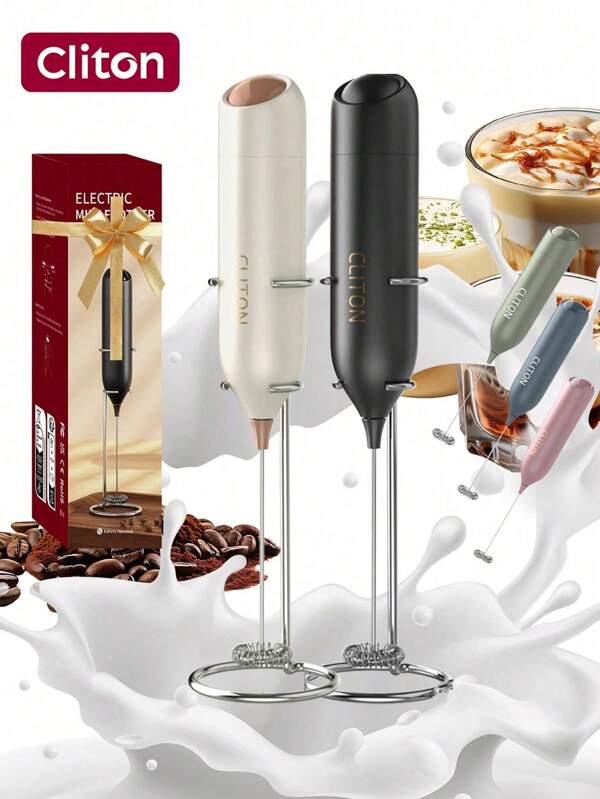 CLITON 1pc Powerful Electric Milk Frother Handheld With Stainless Steel Stand Battery Operated Whisk Drink Mixer For Coffee,Frappe, Latte, Matcha, Hot Chocolate, Mini Hand Blender 2025 Version, Battery Operated Hand Frother Stirrer Wand-Black Hand Mixer Milk Frother For Coffee - Frother Handheld Foam Maker For Lattes, Electric Whisk Drink Mixer Mini Foamer For Cappuccino, Frappe, Matcha, Hot Chocolate - Kitchen Gifts - Black