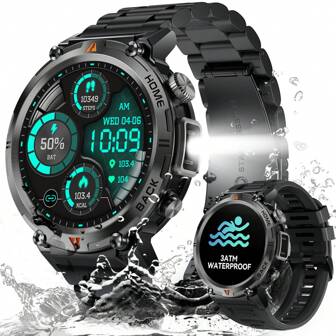 EIGIIS 1pc Black Smart Watch For Men (Answer/Make Calls), 1.45" HD Big Screen Rugged Smartwatch With Flashlight 100+ Sports Modes Sleep Monitor Pedometer Alarm Camera Watch Compatible With IOS Android Phone